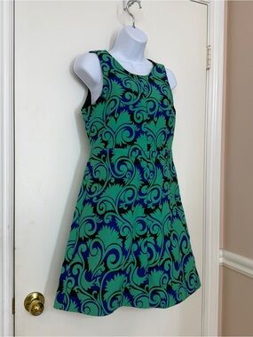 J.Crew Size 2 Fit & Flare Dress Green Blue Scroll Print Sleeveless Keyhole Back